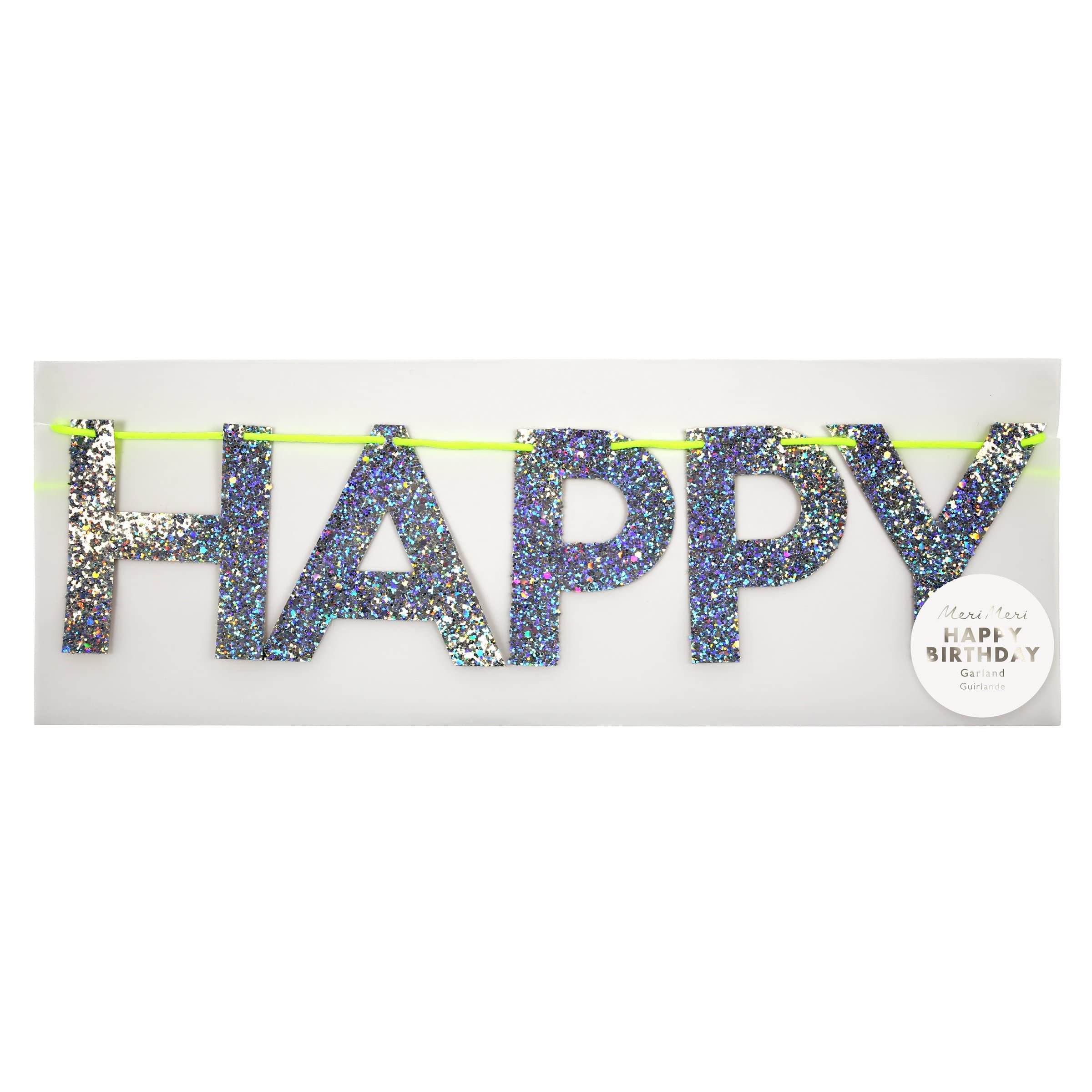 Meri Meri Silver Happy Birthday Banner (Pack of 1), 8' Birthday Party Banner with Excess Cord