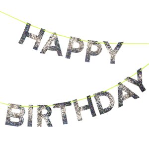 meri meri silver happy birthday banner (pack of 1), 8' birthday party banner with excess cord