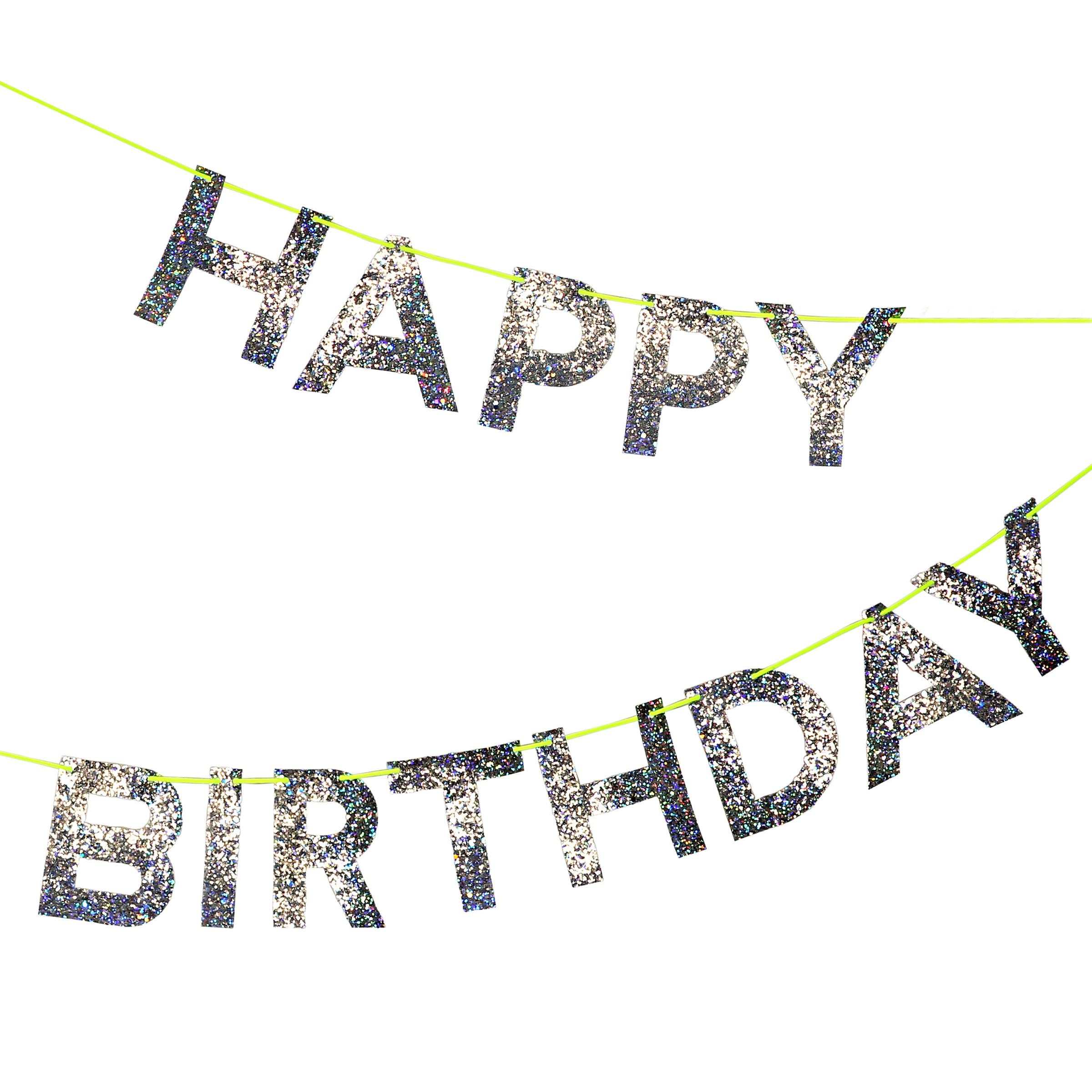 Meri Meri Silver Happy Birthday Banner (Pack of 1), 8' Birthday Party Banner with Excess Cord