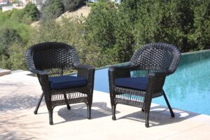 jeco wicker chair with blue cushion, set of 2, black/w00207-