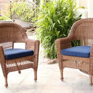 Jeco Wicker Chair with Blue Cushion, Set of 2, Honey/W00205-