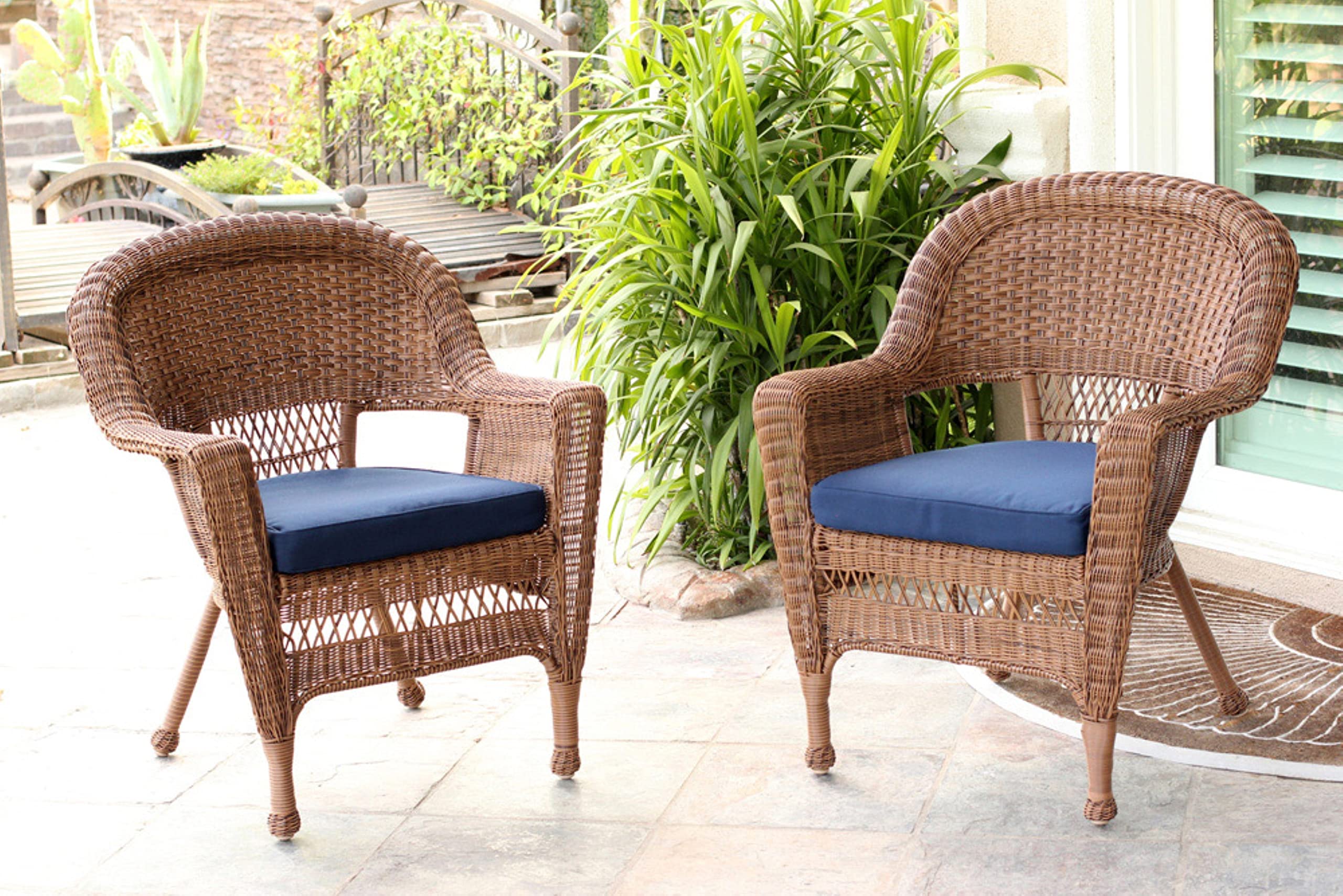 Jeco Wicker Chair with Blue Cushion, Set of 2, Honey/W00205-