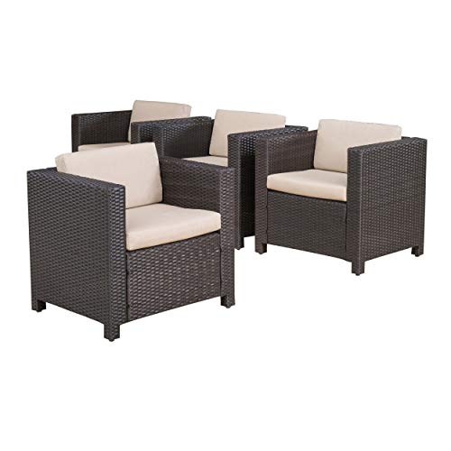 Christopher Knight Home Puerta Outdoor Club Chairs with Water Resistant Cushions, 4-Pcs Set, Dark Brown / Beige