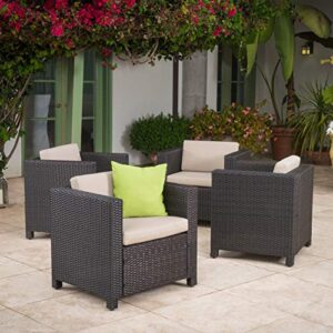 Christopher Knight Home Puerta Outdoor Club Chairs with Water Resistant Cushions, 4-Pcs Set, Dark Brown / Beige