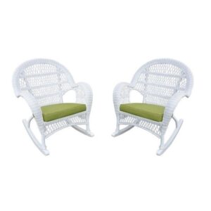 jeco wicker rocker chair with green cushion, set of 2, white