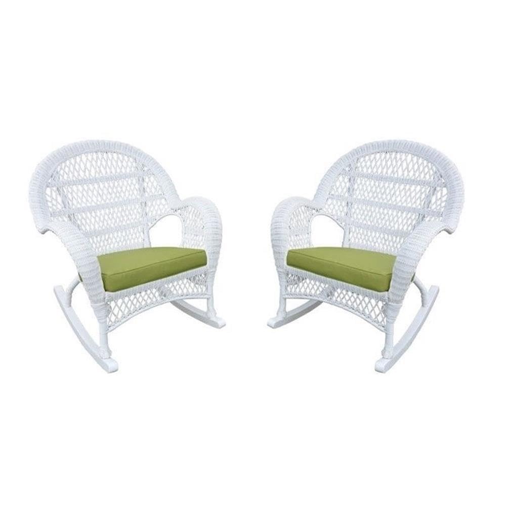 Jeco Wicker Rocker Chair with Green Cushion, Set of 2, White