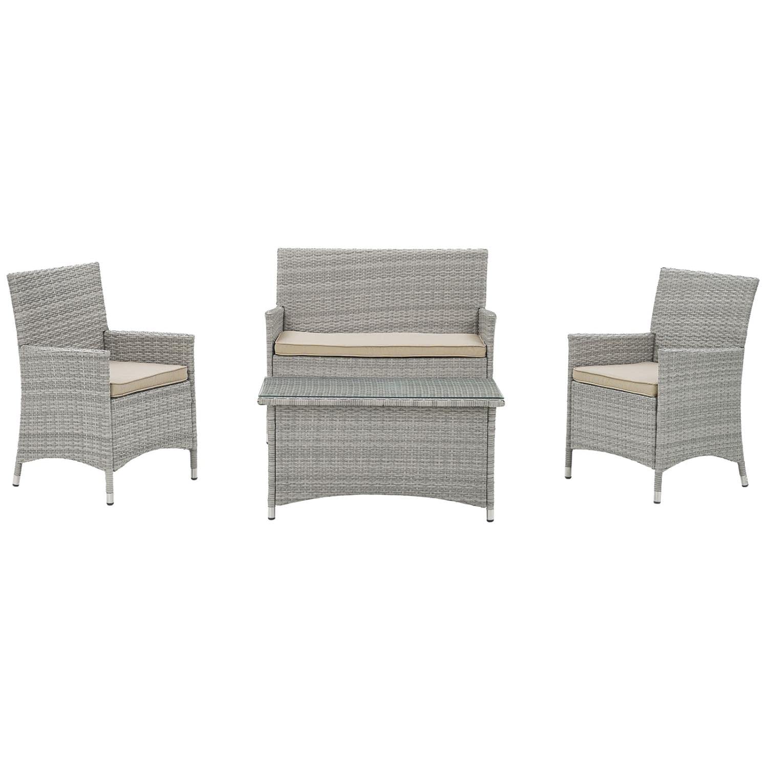 Modway Bridge Wicker Rattan 4-Piece Outdoor Patio Furniture Set in Light Gray Beige