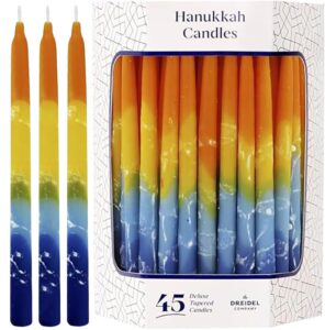 the dreidel company dripless hanukkah hand decorated deluxe sunburst tri colored candles, 45 count for all 8 nights of hanukkah