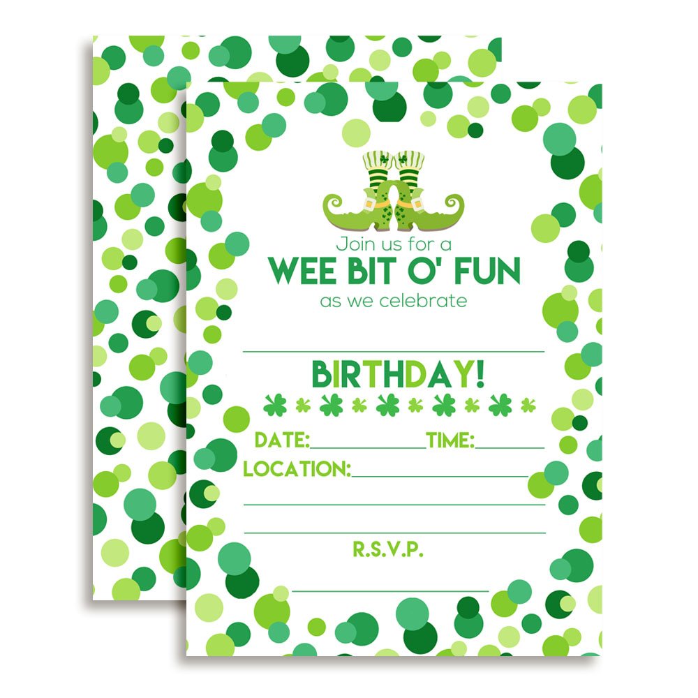 Amanda Creation Wee Bit O' Fun St. Patrick's Day Themed Birthday Party Fill In Invitations set of 20 with envelopes