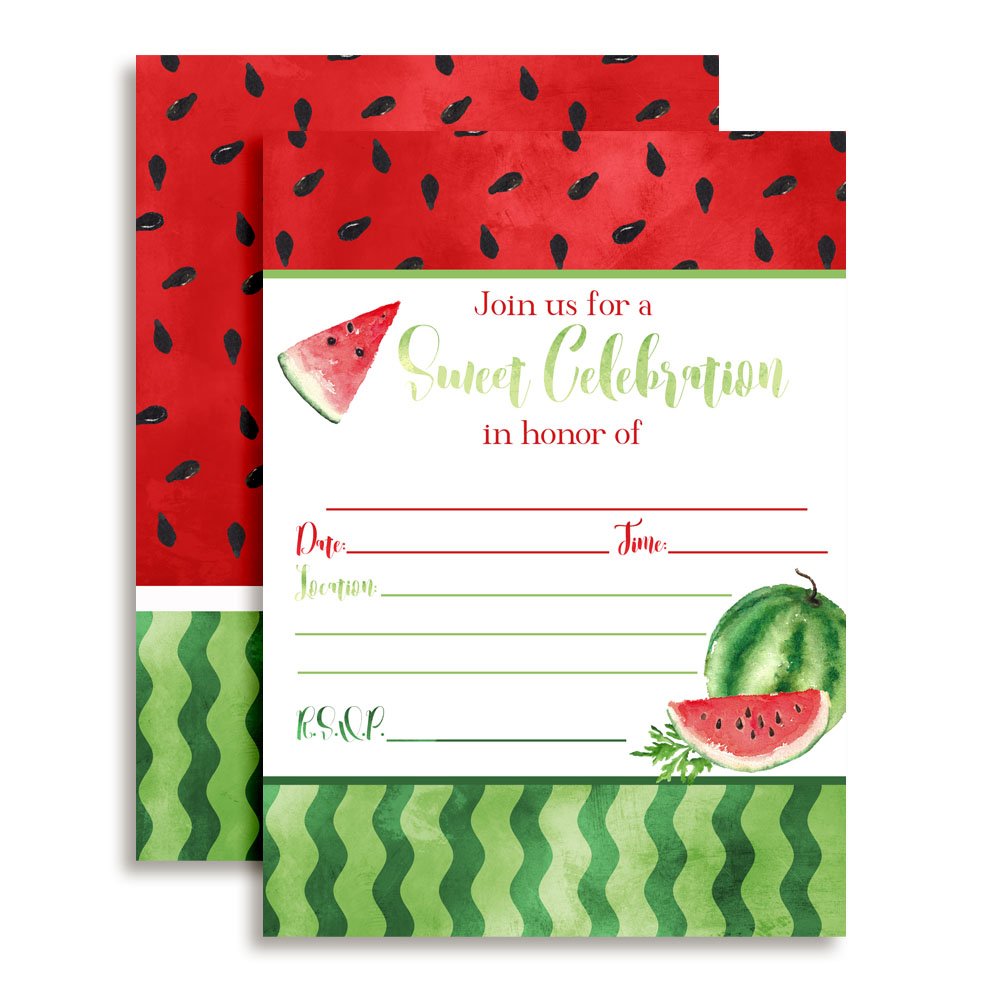 Watercolor Watermelon Birthday Party Invitations, 20 5x7 Fill In Cards with Twenty White Envelopes by AmandaCreation