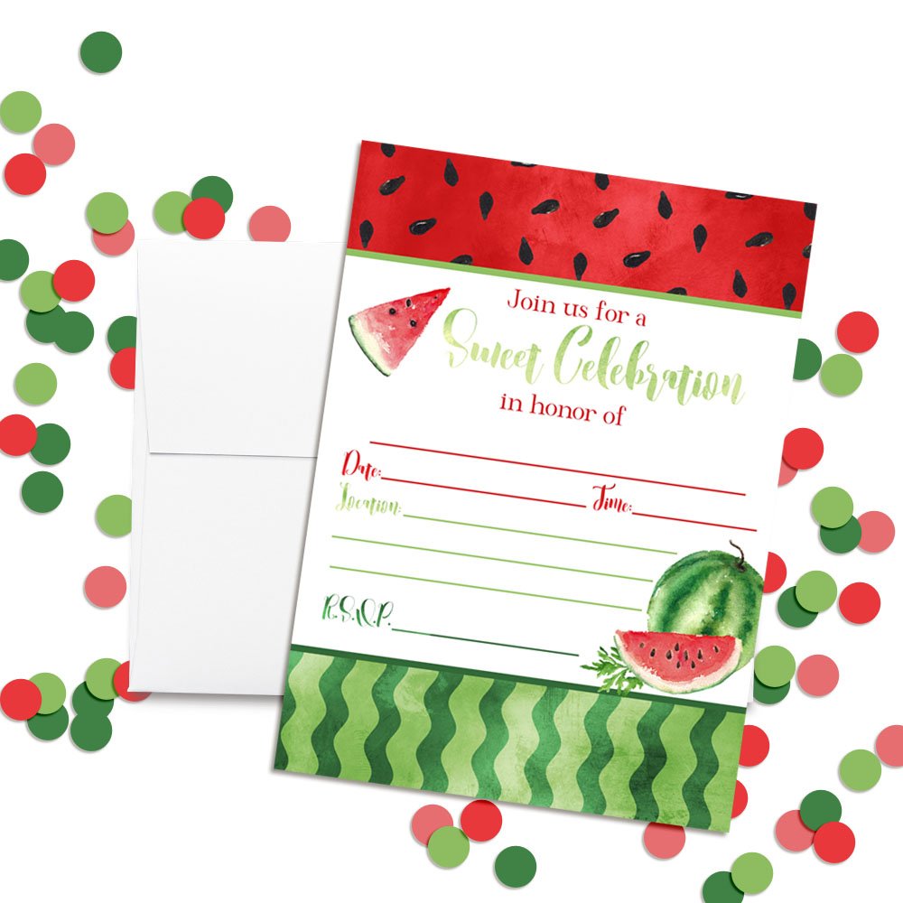 Watercolor Watermelon Birthday Party Invitations, 20 5x7 Fill In Cards with Twenty White Envelopes by AmandaCreation