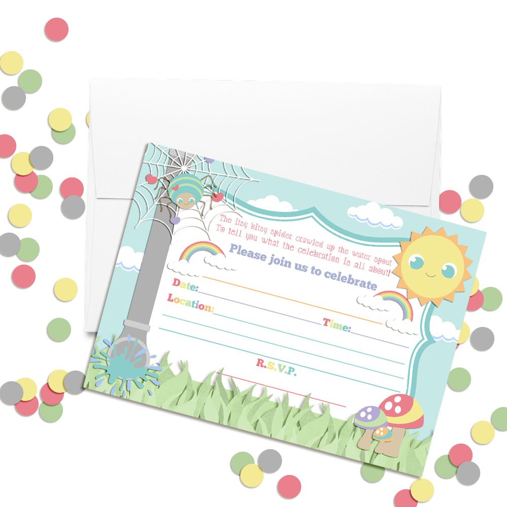 Amanda Creation Itsy Bitsy Spider Themed Birthday Party Fill In Invitations set of 20 with envelopes