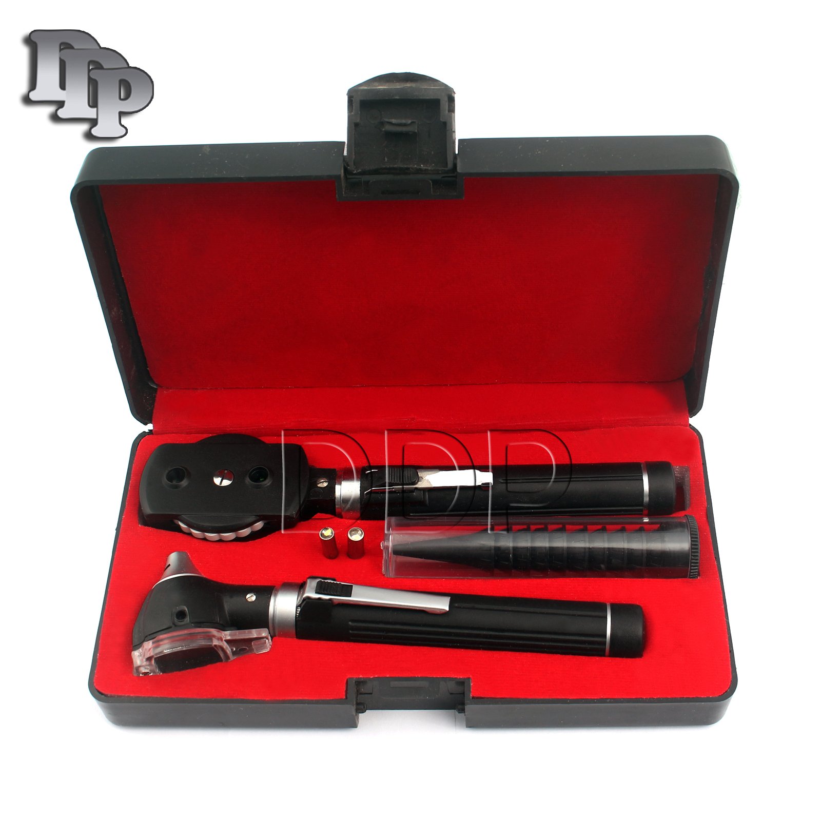 DDP DIAGNOSTIX Fiber Optic Otoscope Set Black Color, with Hard CASE/Complete Diagnostic Set-White Bright LED Light + 2 Free Replacement Bulbs