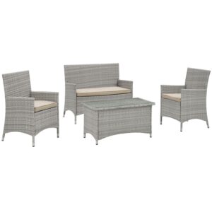 modway bridge wicker rattan 4-piece outdoor patio furniture set in light gray beige