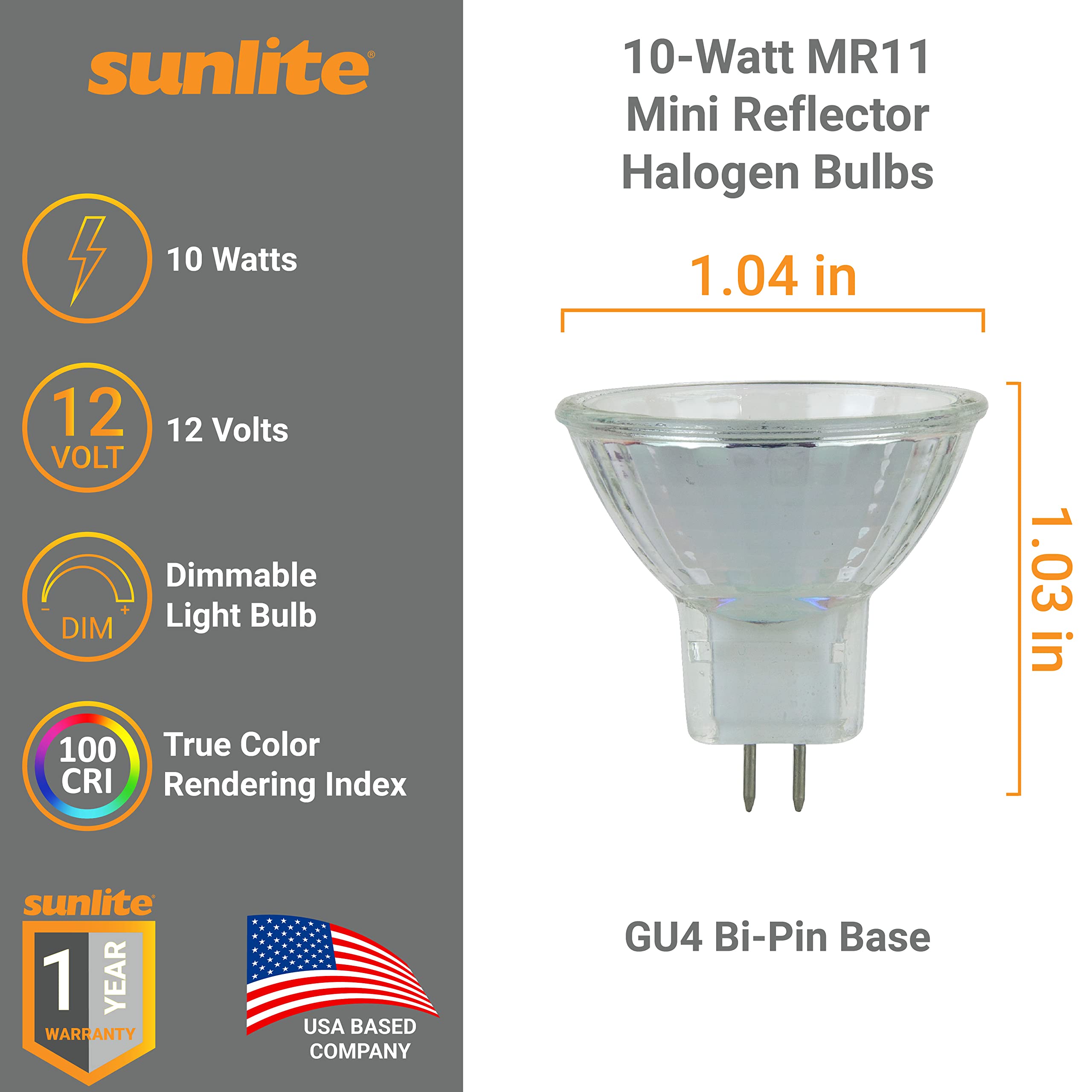 Sunlite 40765 MR11 Halogen Reflector Bulb, 10 Watt, 30° Narrow Flood, 12 Volt, 110 Lumens, 2000 Hour Life Span, Dimmable, GU4 Base, Cover Guard, 3200, ANSI JCR, Ceiling Fixtures, Lanterns 6-Pack