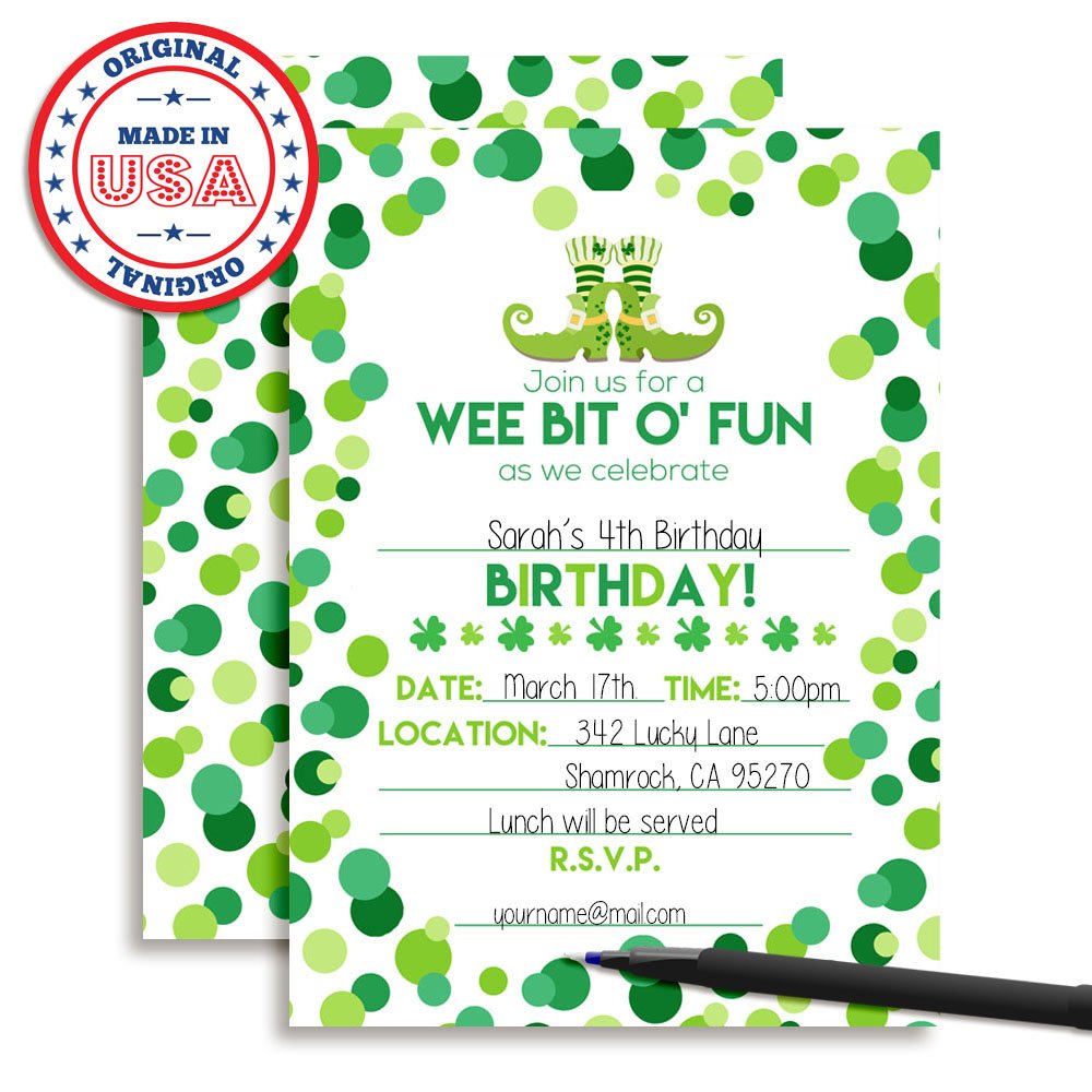 Amanda Creation Wee Bit O' Fun St. Patrick's Day Themed Birthday Party Fill In Invitations set of 20 with envelopes