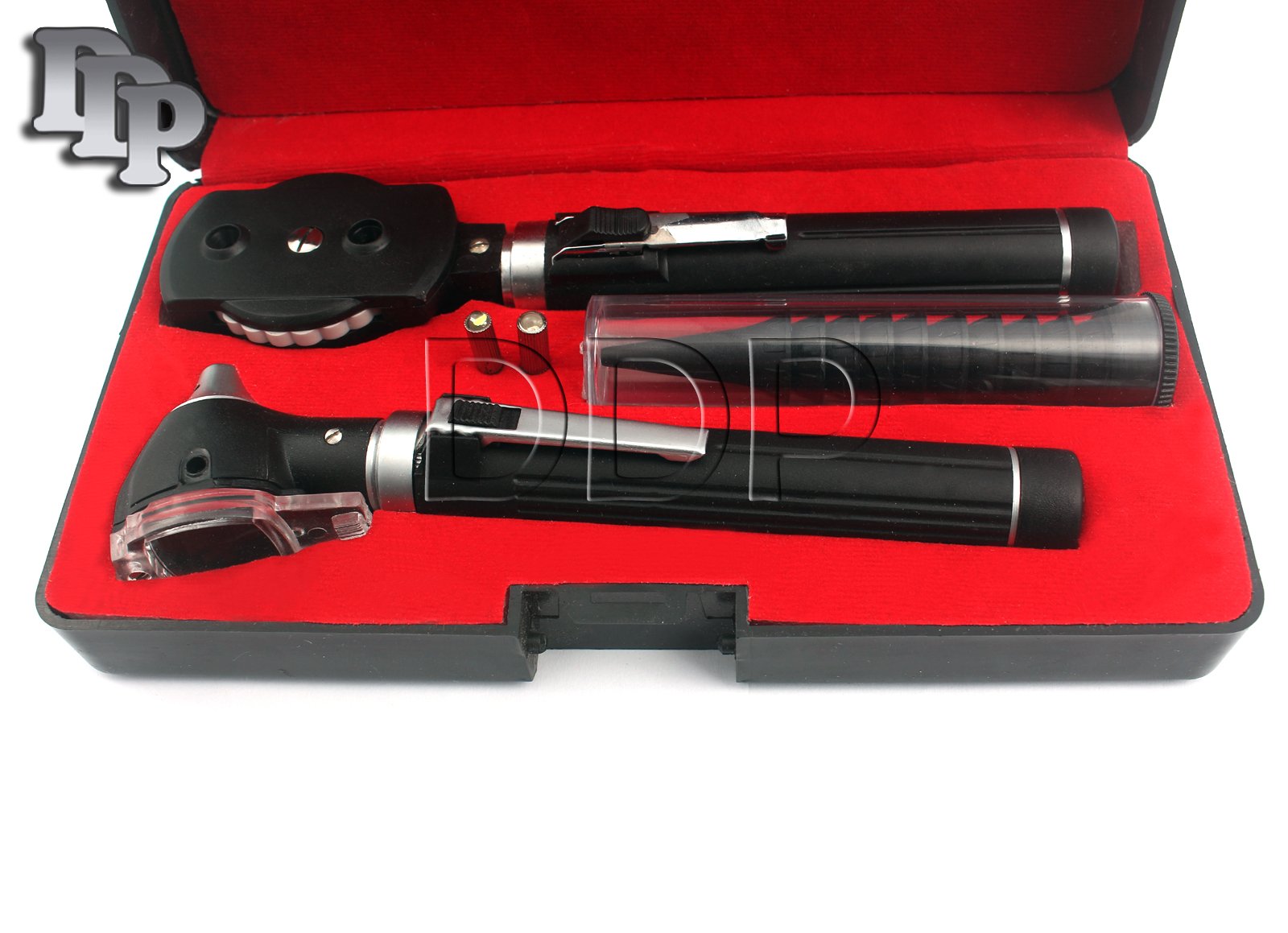 DDP DIAGNOSTIX Fiber Optic Otoscope Set Black Color, with Hard CASE/Complete Diagnostic Set-White Bright LED Light + 2 Free Replacement Bulbs