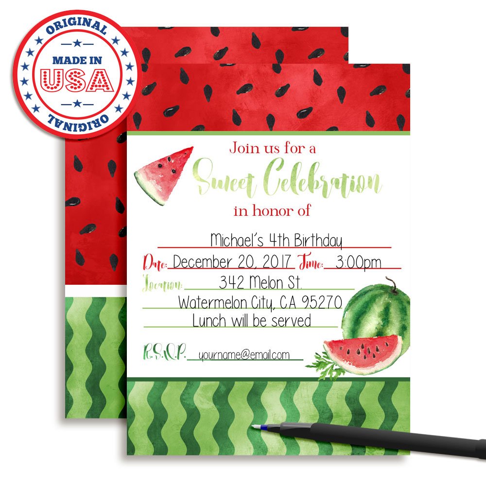 Watercolor Watermelon Birthday Party Invitations, 20 5x7 Fill In Cards with Twenty White Envelopes by AmandaCreation