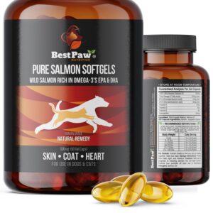 best paw nutrition - pure salmon soft gels for dogs & cats - omega 3 capsules supplement - skin & coat, eyes, heart health - immune support vitamins pets love - 500mg