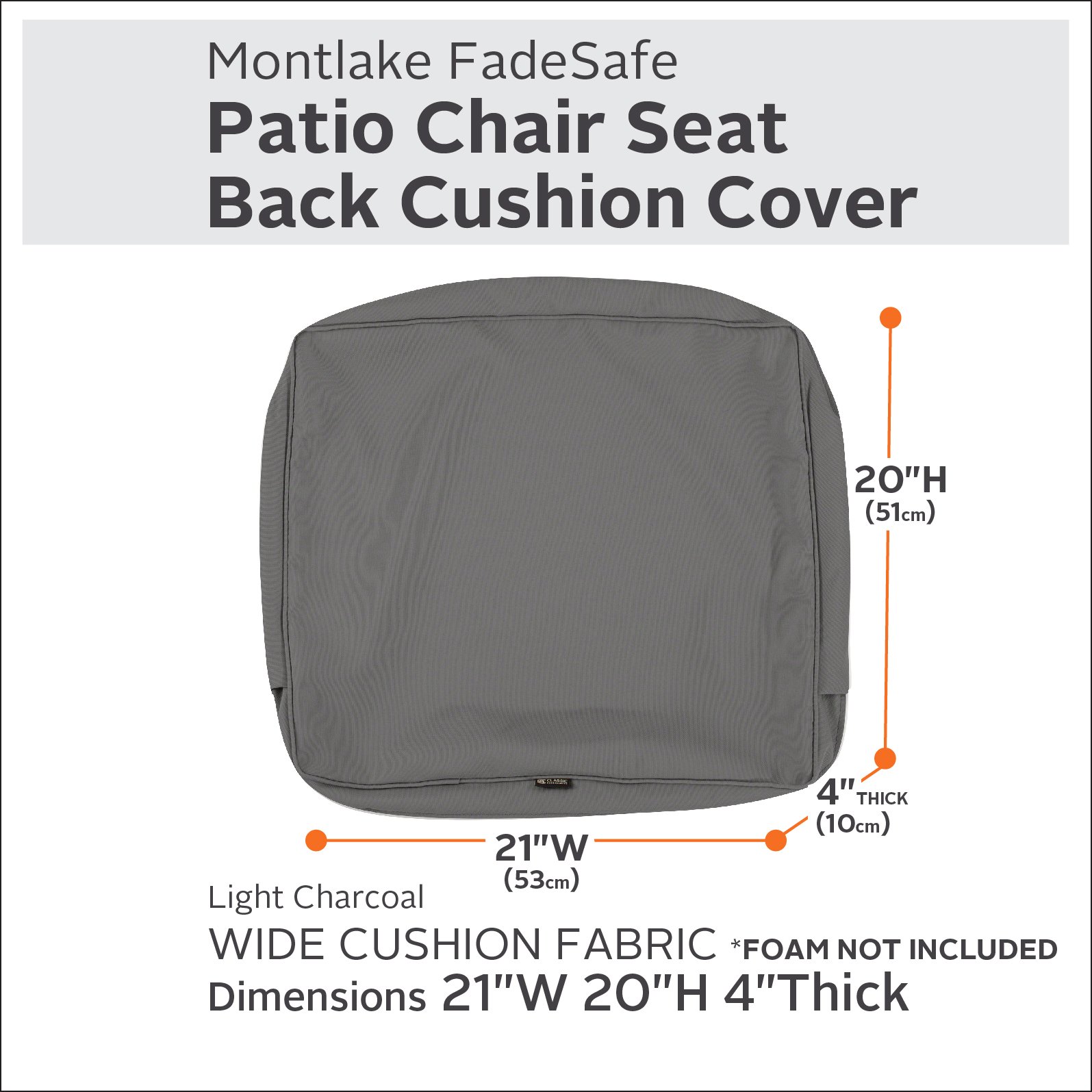 Classic Accessories Montlake Water-Resistant 21 x 20 x 4 Inch Outdoor Back Cushion Slip Cover, Patio Furniture Cushion Cover, Light Charcoal Grey, Patio Furniture Cushion Covers