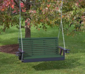 5ft-turf green-poly lumber roll back porch swing with cupholder arms heavy duty everlasting polytuf hdpe - made in usa - amish crafted