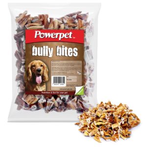 powerpet treats bully stick bites - delicious dog treats - all natural, long-lasting chews, high protein, grain-free, rawhide-free - odorless - promotes dental health, ideal for all chewers - 1lb pack