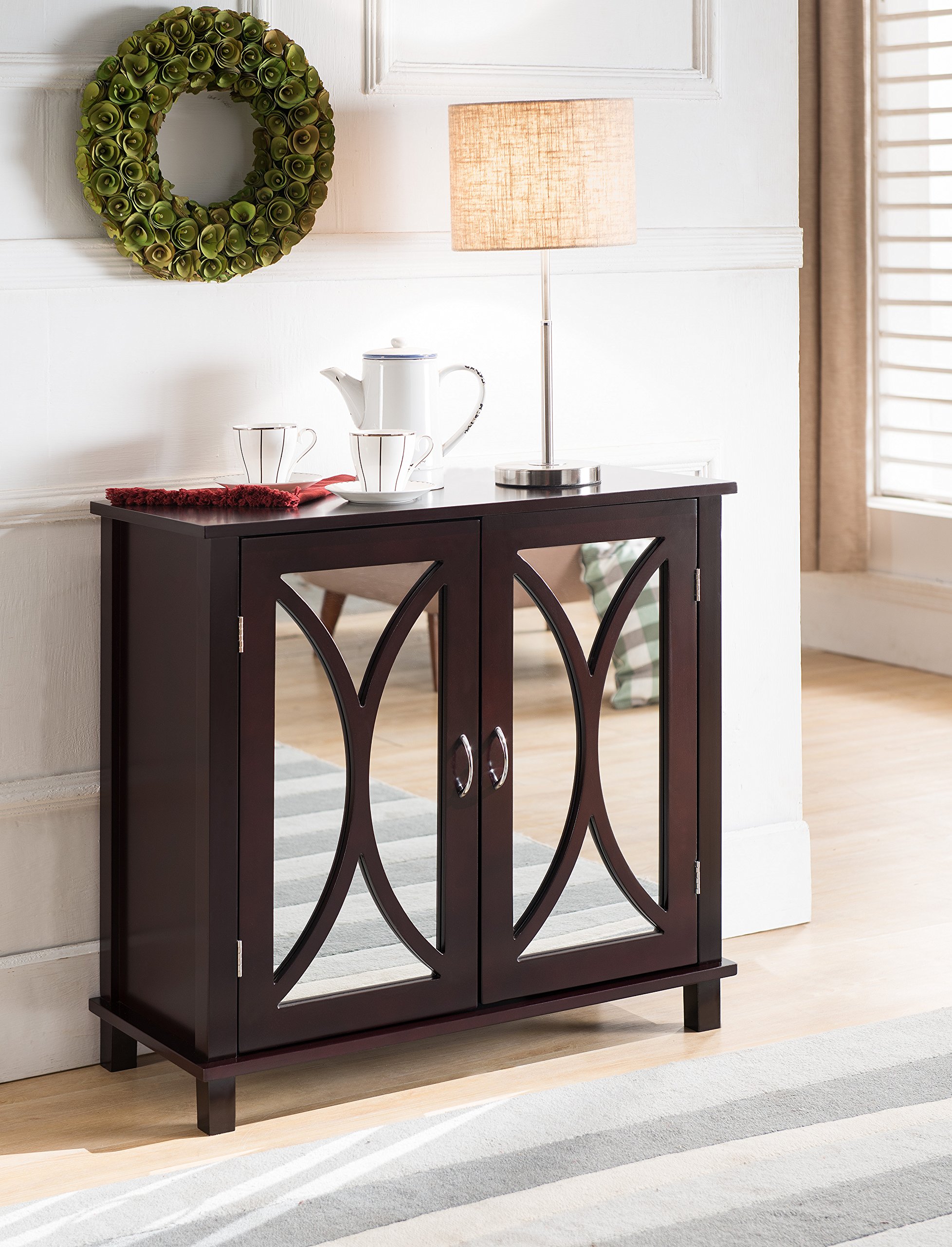 King Brand Marietta Espresso Wood Entryway Console Sofa Table, Mirrored Doors