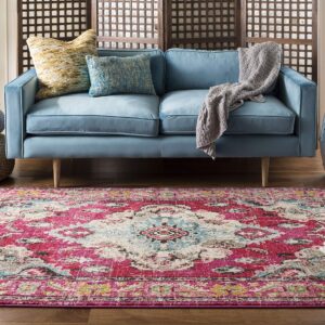 SAFAVIEH Monaco Collection Area Rug - 8'8" Square, Pink & Multi, Boho Chic Medallion Distressed Design, Non-Shedding & Easy Care, Ideal for High Traffic Areas in Living Room, Bedroom (MNC243D)