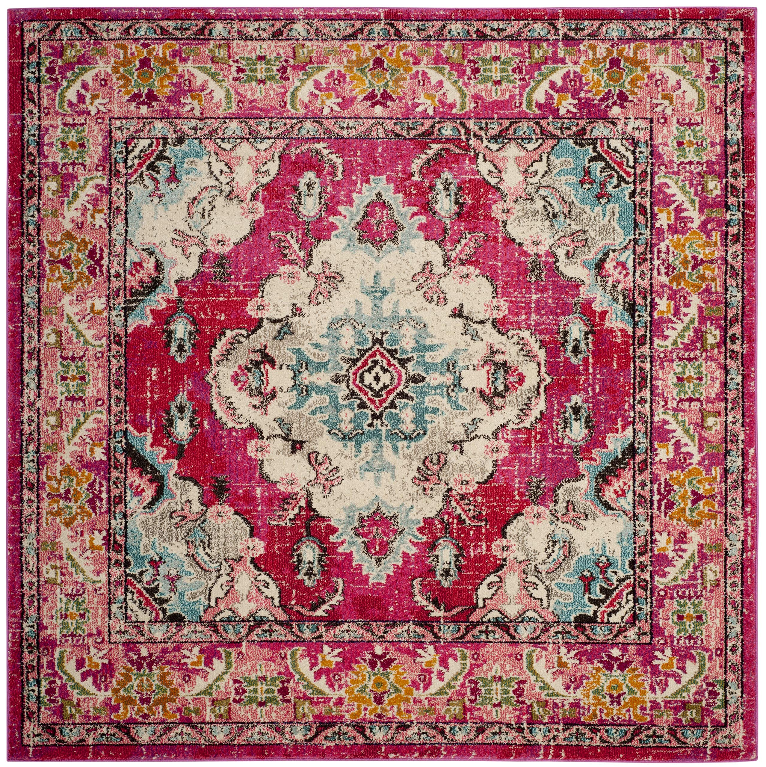 SAFAVIEH Monaco Collection Area Rug - 8'8" Square, Pink & Multi, Boho Chic Medallion Distressed Design, Non-Shedding & Easy Care, Ideal for High Traffic Areas in Living Room, Bedroom (MNC243D)