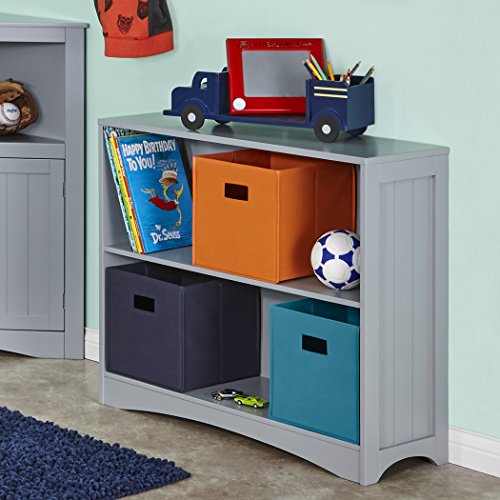 RiverRidge Kids' Horizontal Bookshelf 2 Large Open Storage Shelves - Toy Organizer Bookcase with Beadboard Side Panels Fits RiverRidge Folding Bins for Room Organization Gray