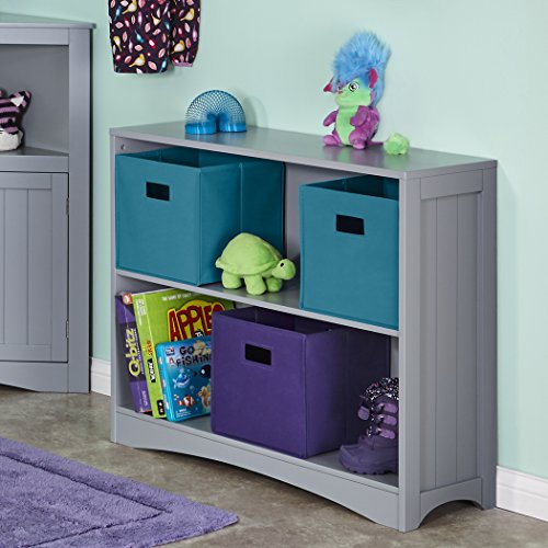 RiverRidge Kids' Horizontal Bookshelf 2 Large Open Storage Shelves - Toy Organizer Bookcase with Beadboard Side Panels Fits RiverRidge Folding Bins for Room Organization Gray