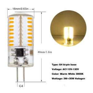 ZHENMING 110V- 130V G4 LED Bulb 120V Dimmable 3W(20W 30W Halogen Equivalent) Warm White 3000K Lamp (Cannot be Used at Low Voltage 12V) - Pack of 10