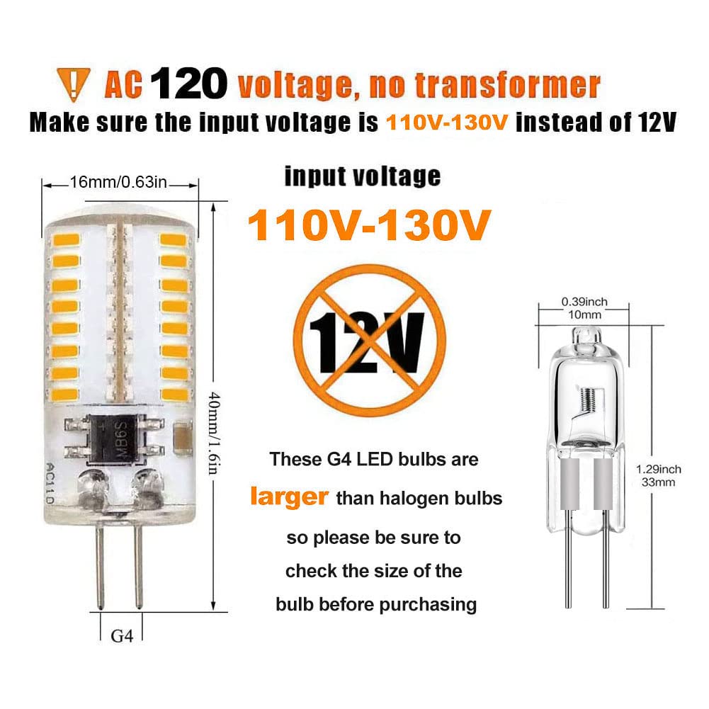 ZHENMING 110V- 130V G4 LED Bulb 120V Dimmable 3W(20W 30W Halogen Equivalent) Warm White 3000K Lamp (Cannot be Used at Low Voltage 12V) - Pack of 10