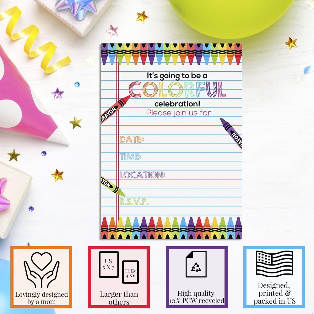 Amanda Creation Colorful Rainbow Crayons themed Birthday Party Fill in Invitations, set of twenty, includes envelopes