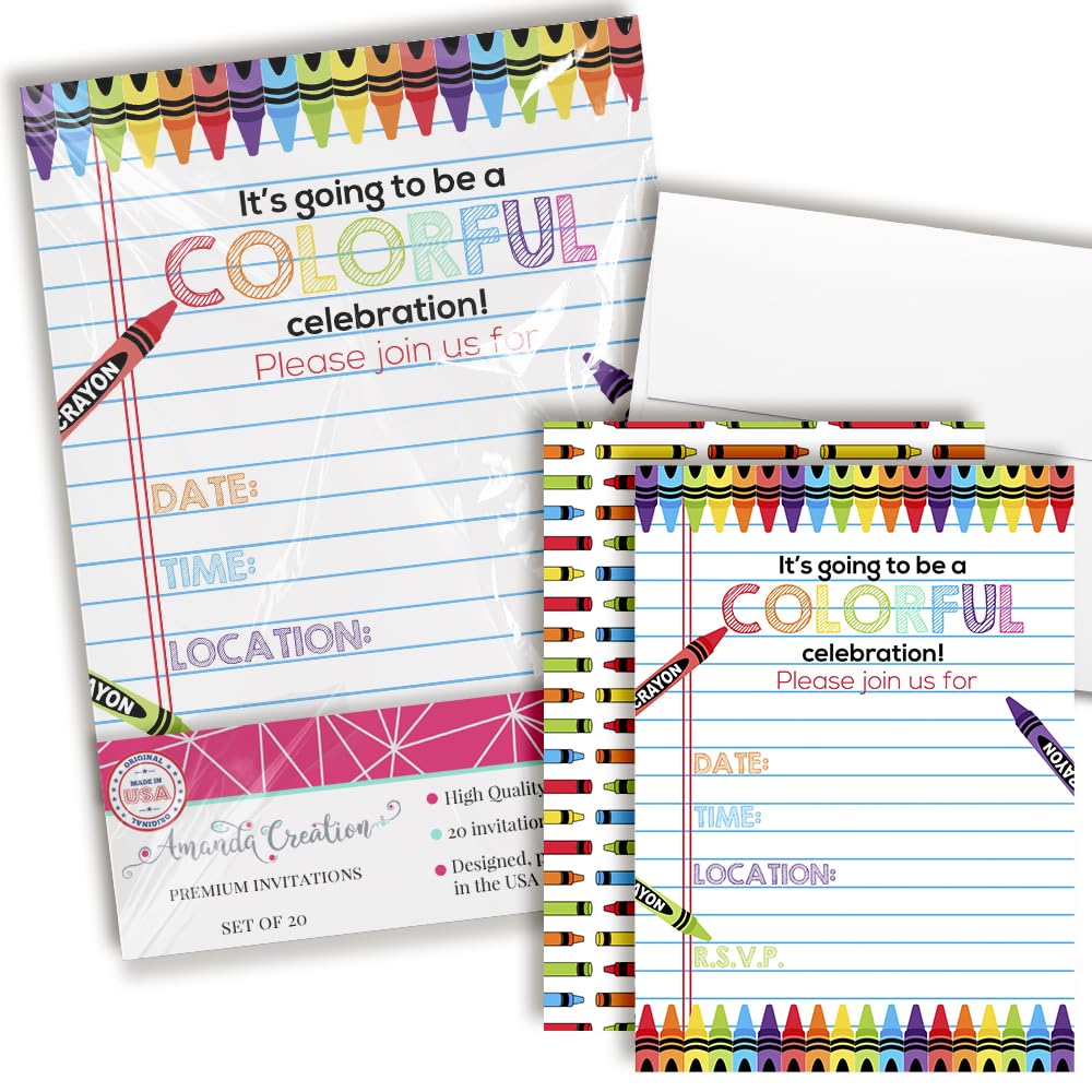 Amanda Creation Colorful Rainbow Crayons themed Birthday Party Fill in Invitations, set of twenty, includes envelopes