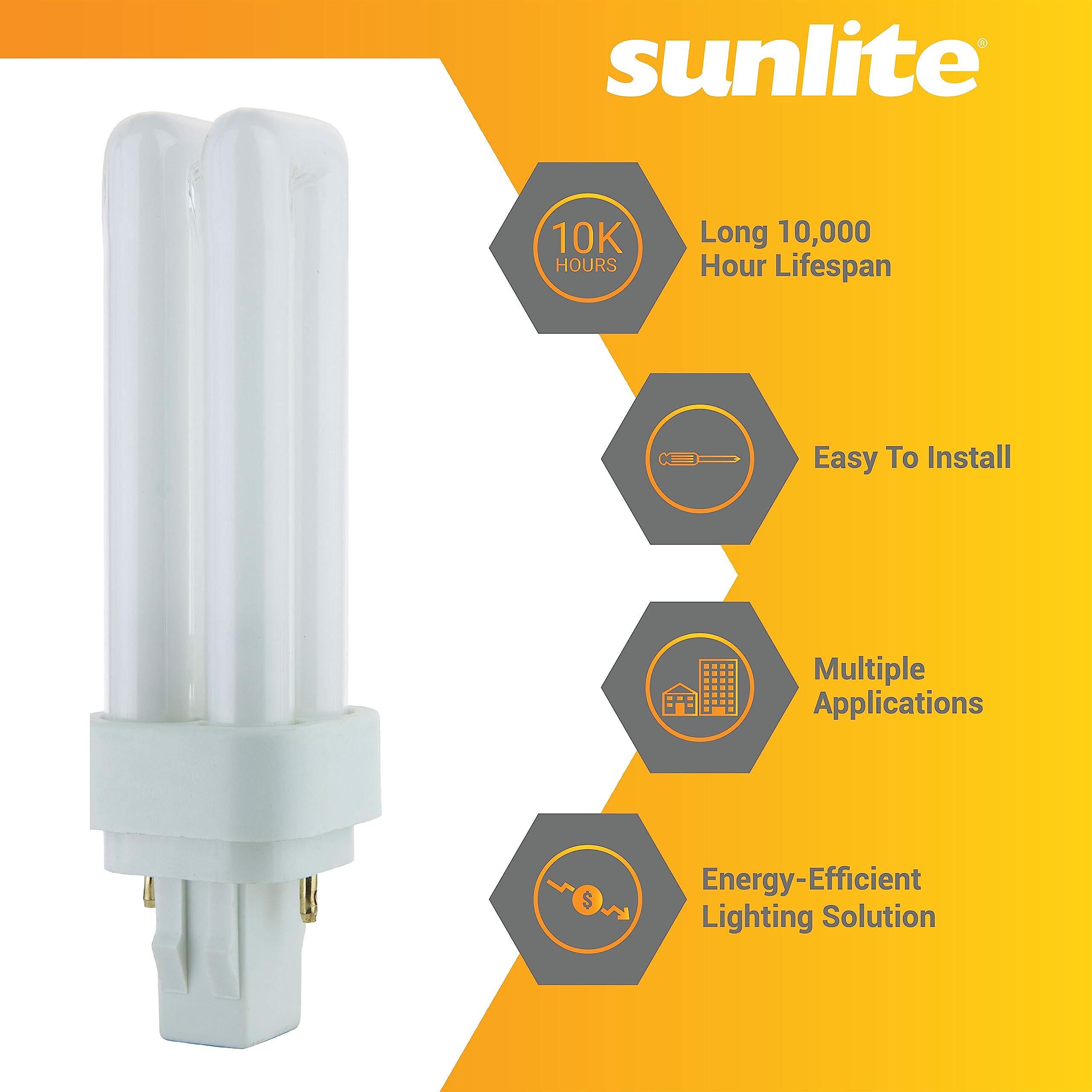 Sunlite 40540 PLD13/SP35K/10PK Double Twin Tube Compact Fluorescent Lamp, PLD 2-Pin, 13 Watts, 660 Lumens, 3500K Neutral White, 2-Pin (GX23-2) Base, 10 Pack