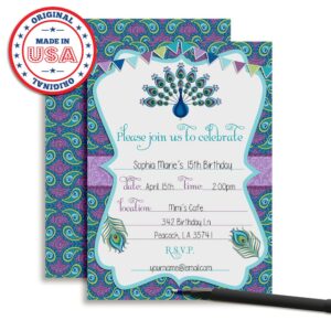 Amanda Creation Peacock Themed Birthday Party Fill In Style Invitations, set of 20 including envelopes