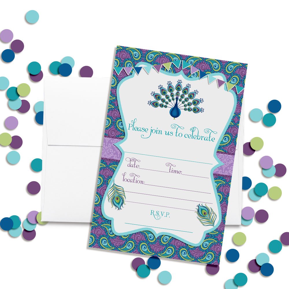 Amanda Creation Peacock Themed Birthday Party Fill In Style Invitations, set of 20 including envelopes