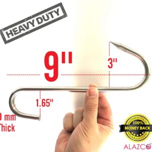 ALAZCO 2pc 9" Heavy Duty & Thick Stainless Steel Meat Processing Butcher Hook - Wild Game, Smoking Ribs BBQ Large Fish, Hunting, Carcass Deer Hanging S-Hook Excellent Quality 9mm Thick