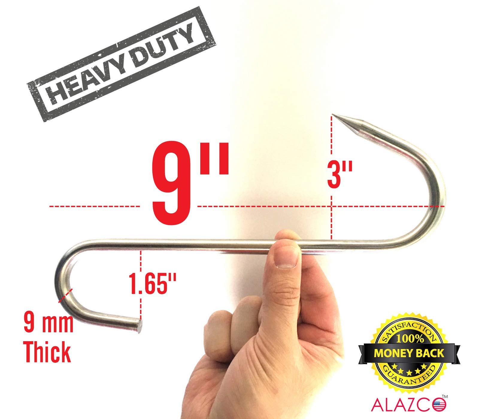 ALAZCO 2pc 9" Heavy Duty & Thick Stainless Steel Meat Processing Butcher Hook - Wild Game, Smoking Ribs BBQ Large Fish, Hunting, Carcass Deer Hanging S-Hook Excellent Quality 9mm Thick