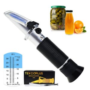 2-in-1 brix salinity refractometer, professional brix refractometer with atc, and dual scale 0-32% brix & 0-28% salinity with atc sodium chloride in food salt seawater brine beer fruits cutting liquid