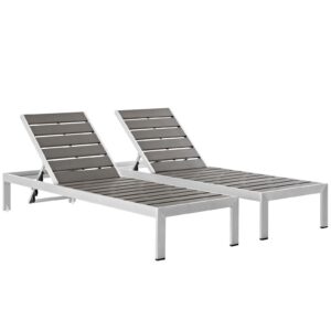 modway shore aluminum outdoor patio poolside two chaise lounge chairs in silver gray