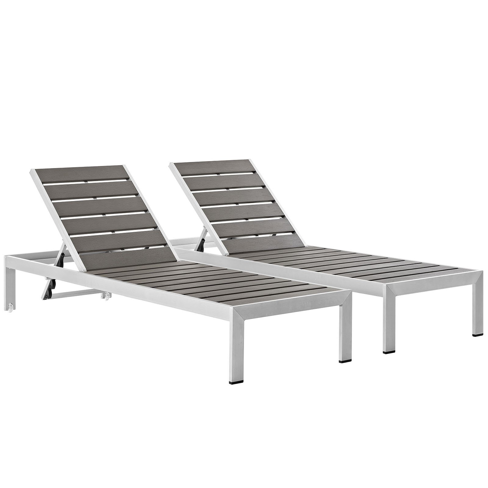 Modway Shore Aluminum Outdoor Patio Poolside Two Chaise Lounge Chairs in Silver Gray