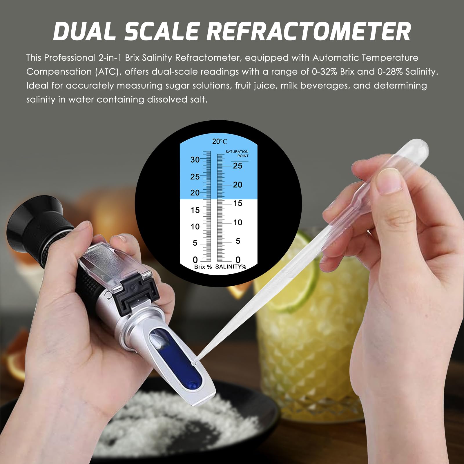 2-in-1 Brix Salinity Refractometer, Professional Brix Refractometer with ATC, and Dual Scale 0-32% Brix & 0-28% Salinity with ATC Sodium Chloride in Food Salt Seawater Brine Beer fruits Cutting Liquid