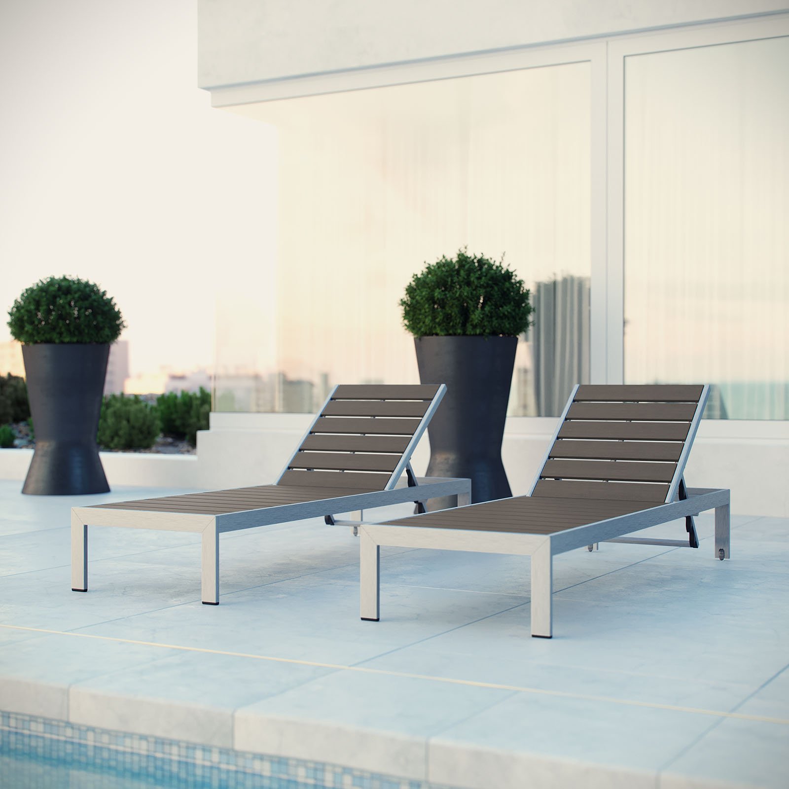 Modway Shore Aluminum Outdoor Patio Poolside Two Chaise Lounge Chairs in Silver Gray