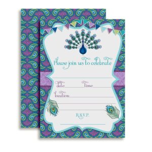 amanda creation peacock themed birthday party fill in style invitations, set of 20 including envelopes