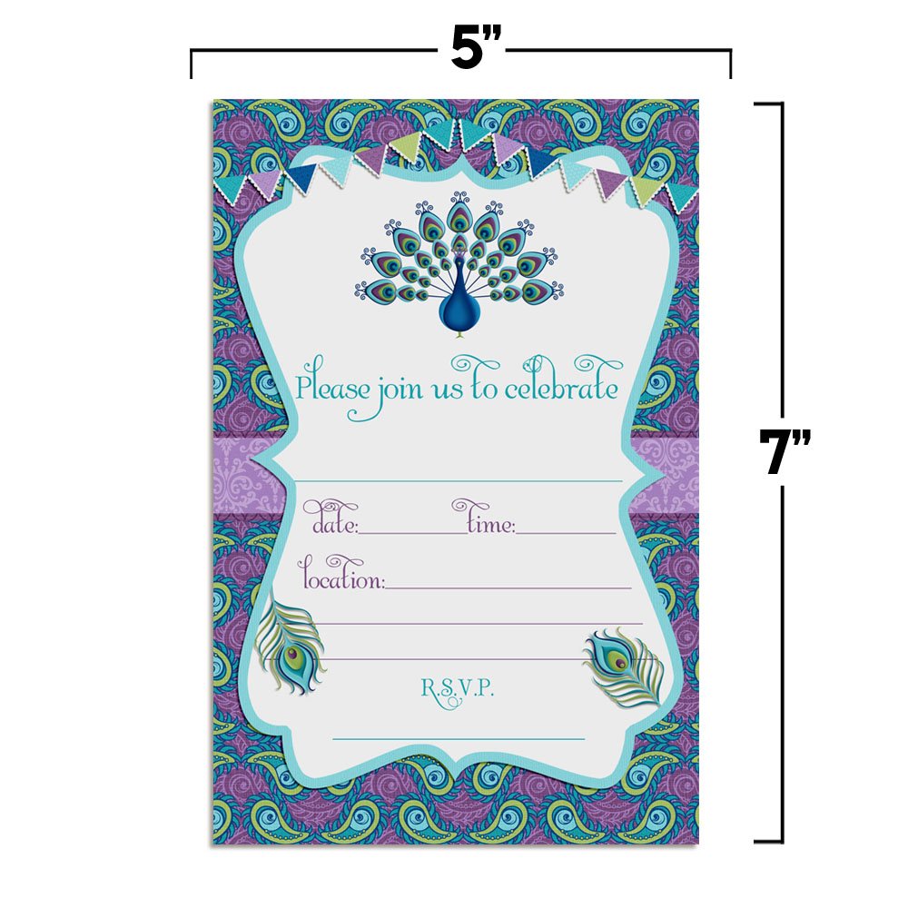 Amanda Creation Peacock Themed Birthday Party Fill In Style Invitations, set of 20 including envelopes