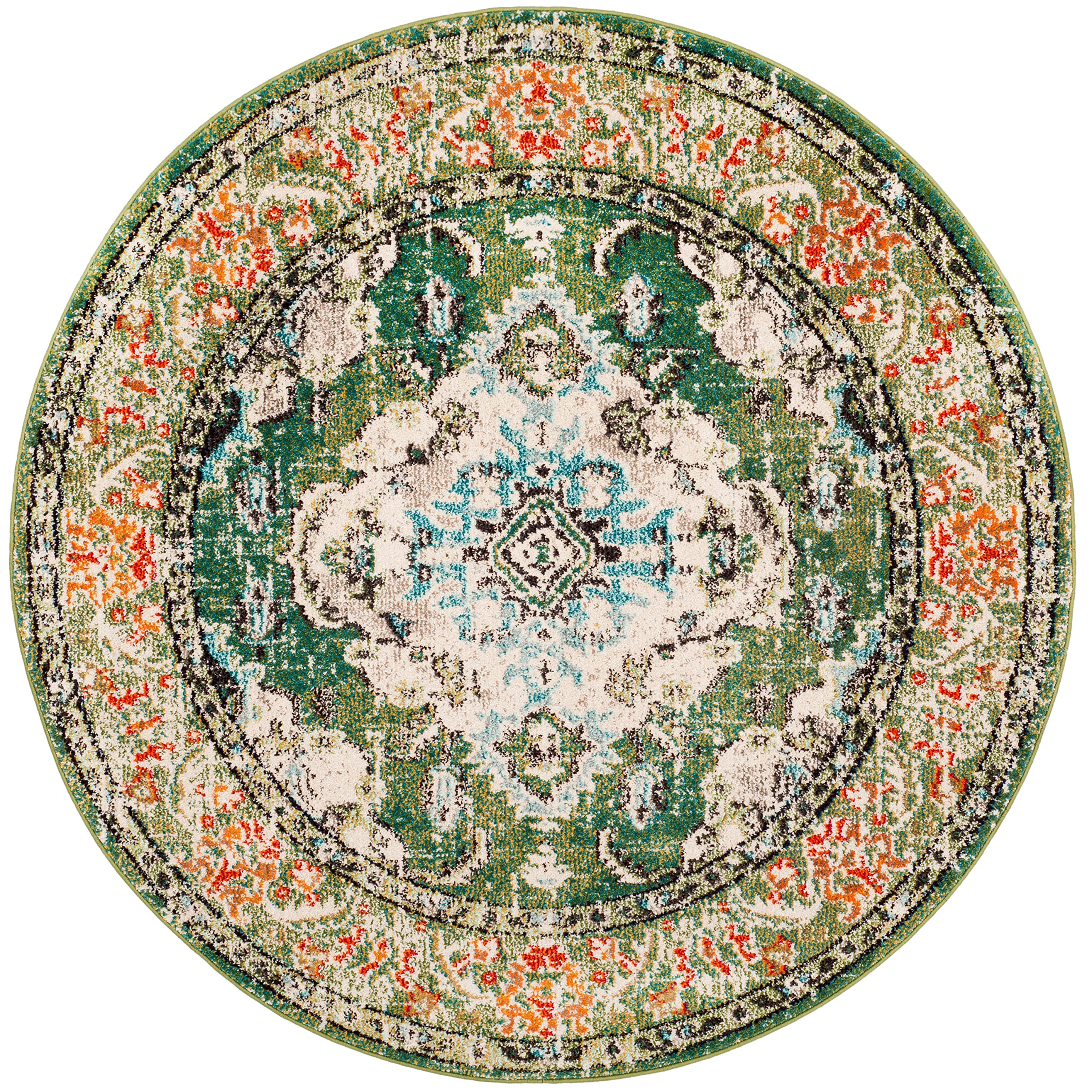 SAFAVIEH Monaco Collection Area Rug - 5' Round, Forest Green & Light Blue, Boho Medallion Distressed Design, Non-Shedding & Easy Care, Ideal for High Traffic Areas in Living Room, Bedroom (MNC243F)