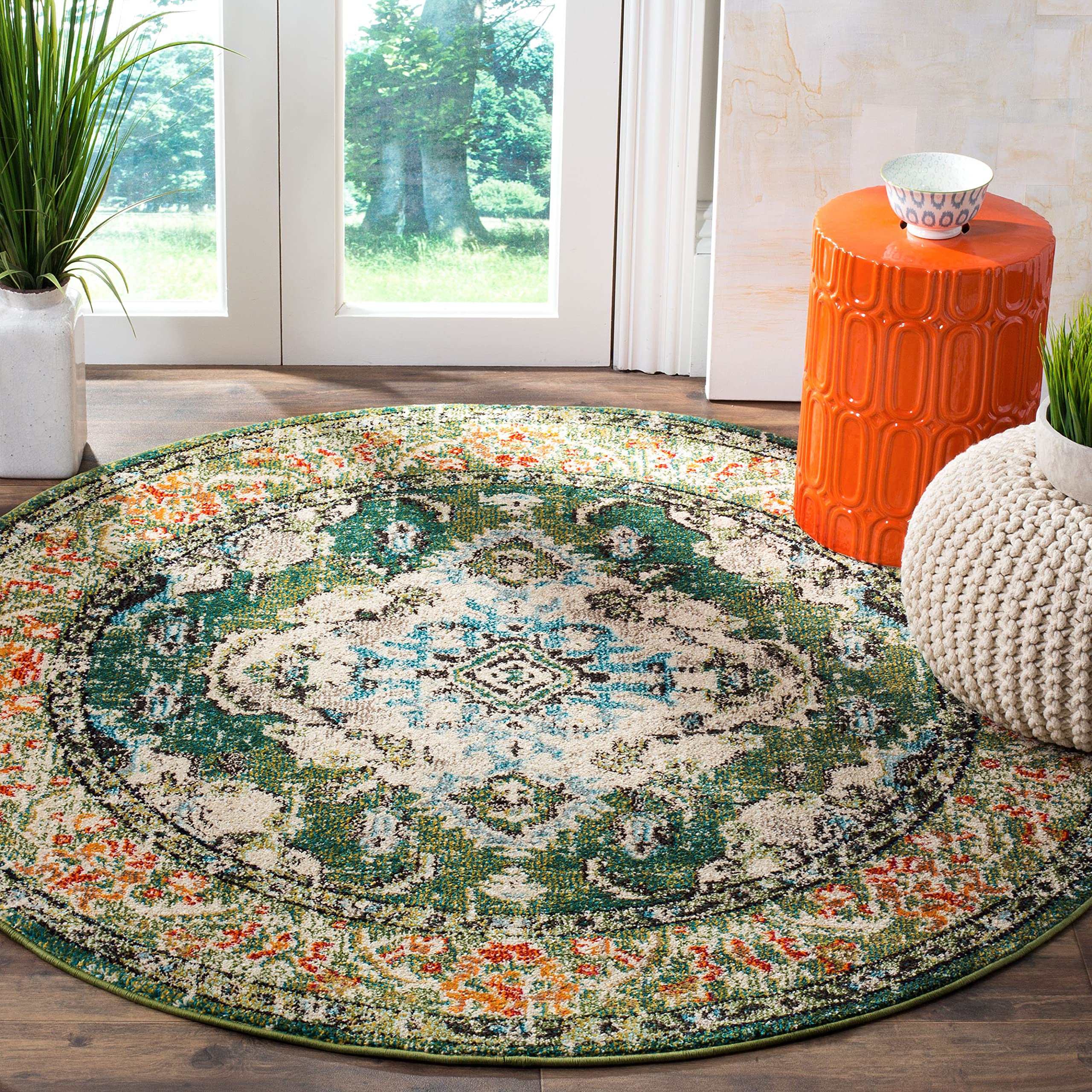 SAFAVIEH Monaco Collection Area Rug - 5' Round, Forest Green & Light Blue, Boho Medallion Distressed Design, Non-Shedding & Easy Care, Ideal for High Traffic Areas in Living Room, Bedroom (MNC243F)