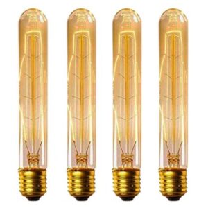 CTKcom T9/T185 40W Vintage Edison Light Bulbs E26 E27 Base(4 Pack)- Tubular Bulb Nostalgic Tungsten Filament Antique Incandescent Bulb Golden Tinted Glass for Industrial Wall Sconces Pendant Lighting